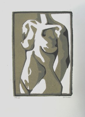 Linoldruck auf Papier mit abstrakter Darstellung Aktes in Blau, Ocker und Gelb